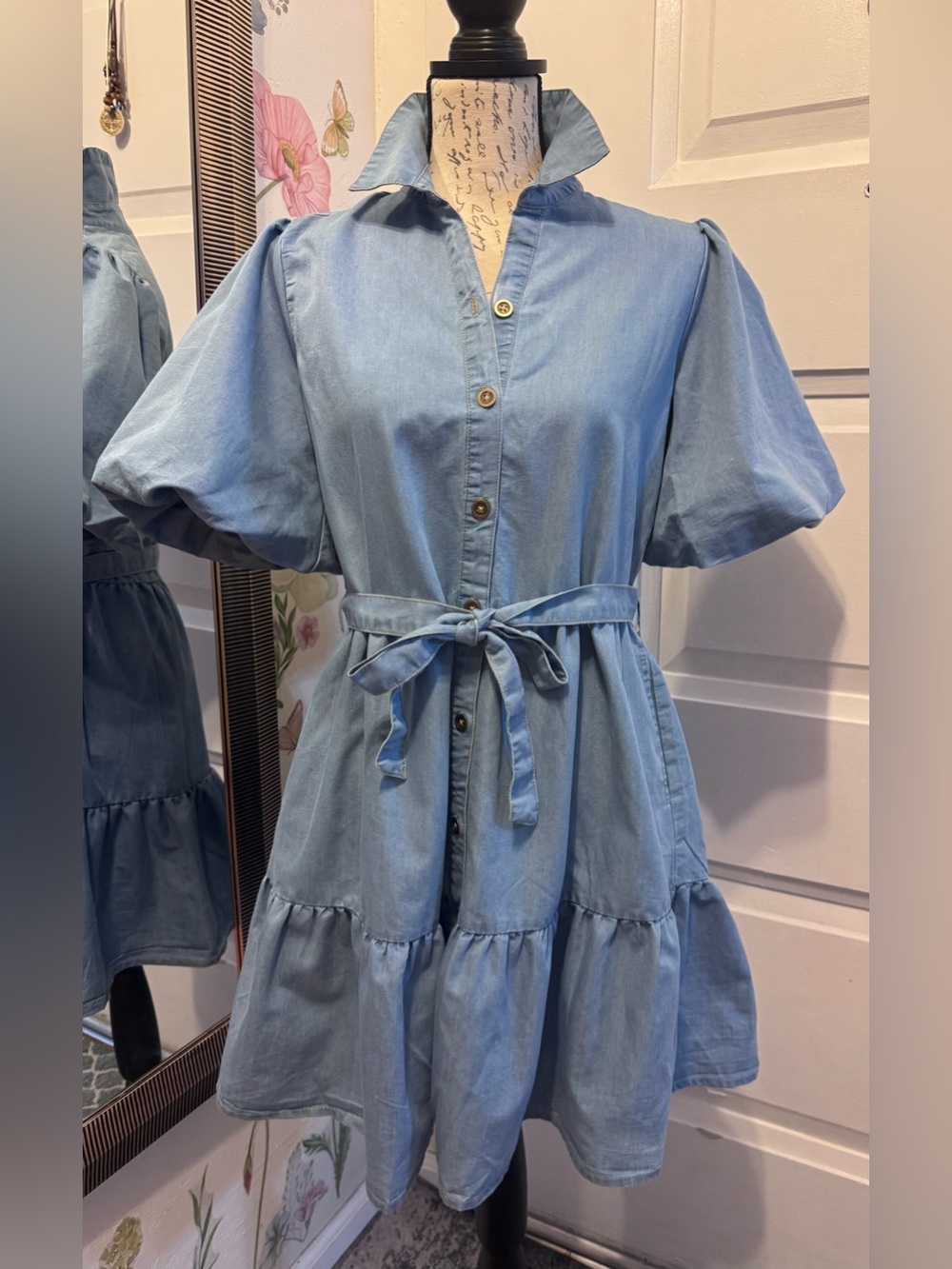 Blush Light Blue Denim Midi Dress with Tie Waist